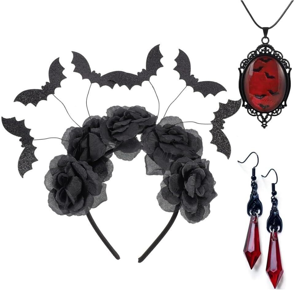 6358 Gothic Black Bat Rose Headband With Vampire Bat Necklace &